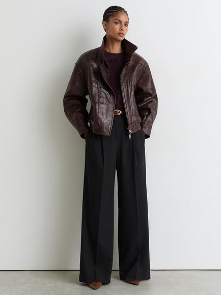Reiss Petra Funnel Neck Leather Jacket, Aubergine, Aubergine