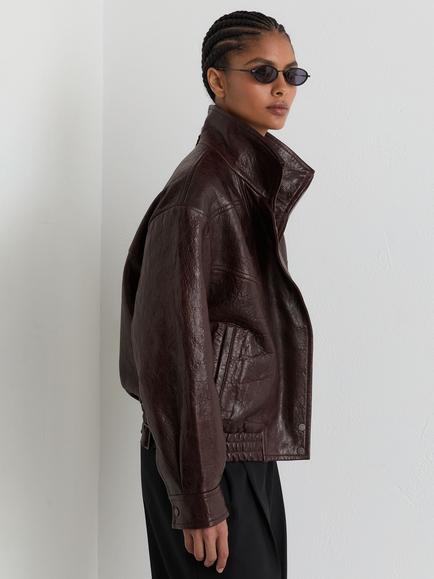 Reiss Petra Funnel Neck Leather Jacket, Aubergine - view 2, Aubergine