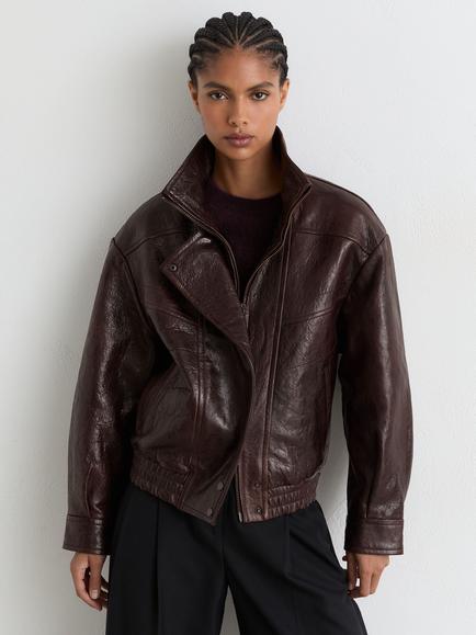 Reiss Petite Petra Textured Leather Oversized Jacket, Aubergine, Aubergine