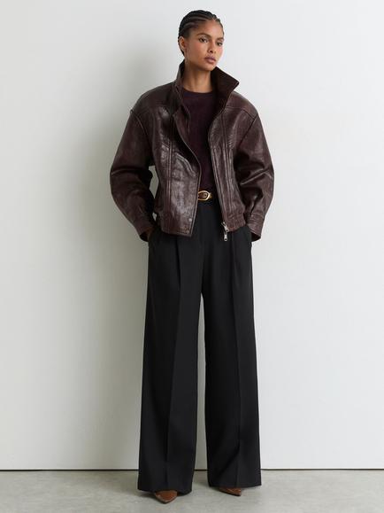 Reiss Petite Petra Textured Leather Oversized Jacket, Aubergine - view 2, Aubergine