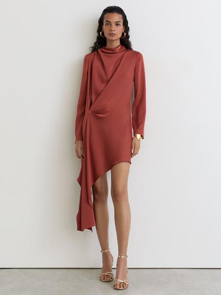 Reiss Bethany Draped Dip Hem Mini Dress, Rust Orange, Rust Orange