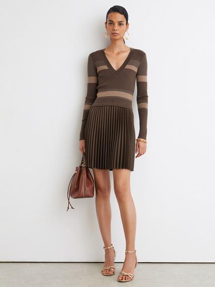 Reiss Carly Pleated Mini Dress, Chocolate Brown - view 2, Chocolate Brown