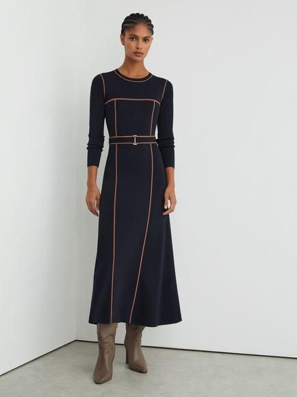 Reiss Petite Etta Flared Midi Dress, Navy/Camel, Navy/Camel