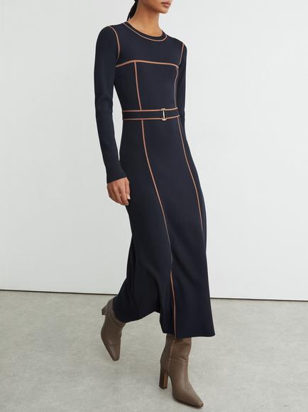 Reiss Petite Etta Flared Midi Dress, Navy/Camel - view 2, Navy/Camel