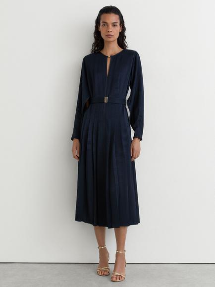 Reiss Kea Dogtooth Pleated Midi Dress, Navy, Navy