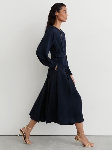Reiss Kea Dogtooth Pleated Midi Dress, Navy - view 2, Navy