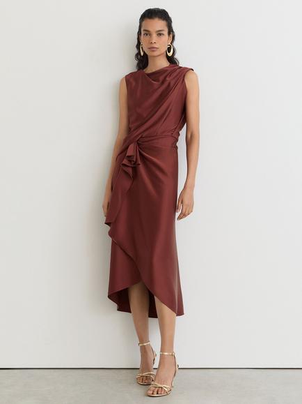 Reiss Mabel Cowl Neck A Line Midi Dress, Rust Orange, Rust Orange