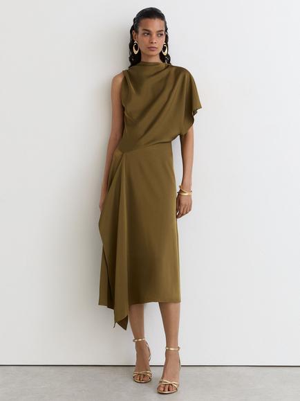 Reiss Naomi Draped Midi Dress, Khaki Green, Khaki Green