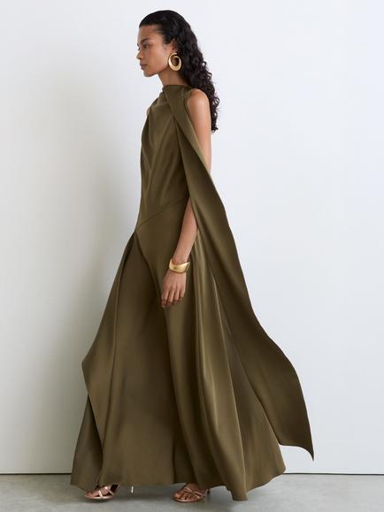 Reiss Sabine Cape Detail Maxi Dress, Khaki Green - view 2, Khaki Green