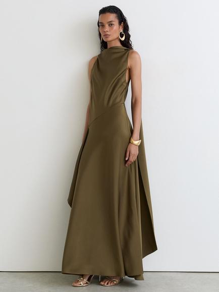 Reiss Petite Sabine Cape Detail Maxi Dress, Khaki Green