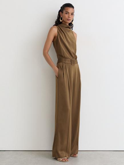 Reiss Petite Erica Satin Cowl Neck Wide Leg Jumpsuit, Khaki Green, Khaki Green