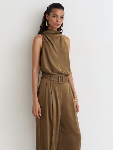 Reiss Petite Erica Satin Cowl Neck Wide Leg Jumpsuit, Khaki Green - view 2, Khaki Green