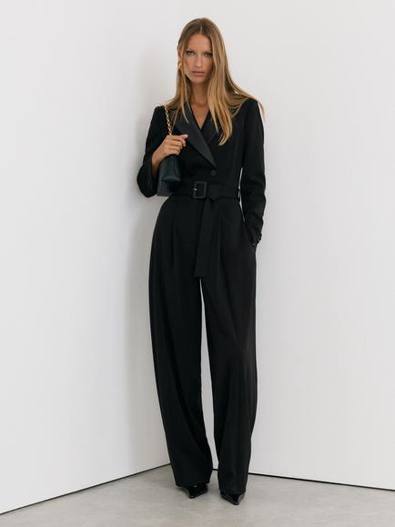 Reiss Remi Tuxedo Wide Leg Belted Jumpsuit, Black, Black