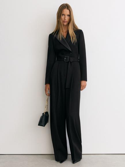 Reiss Petite Remi Tuxedo Wide Leg Belted Jumpsuit, Black, Black