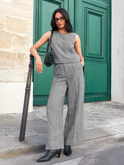 Ro&Zo Mono Check Wide Leg Trousers, Black, Black