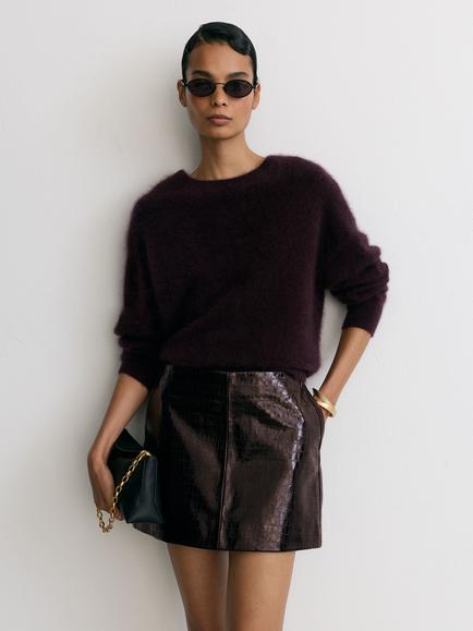 Reiss Cora Leather A-Line Mini Skirt, Burgundy, Burgundy