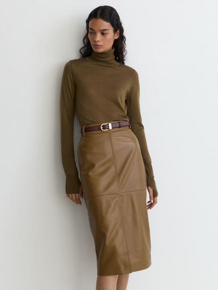 Reiss Milly Leather Midi Skirt, Khaki Green - view 2, Khaki Green