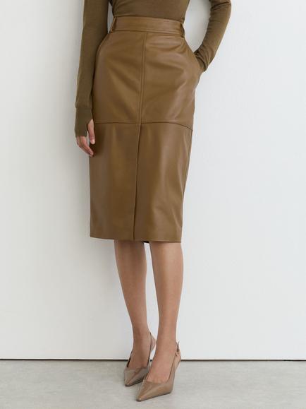 Reiss Petite Milly Leather Midi Skirt, Khaki Green, Khaki Green