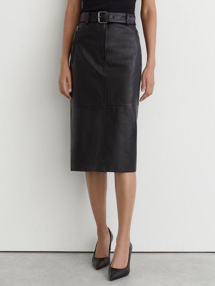 Reiss Neriah Leather Belted Midi Skirt, Black, Black