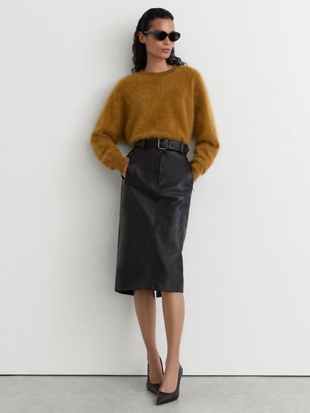 Reiss Neriah Leather Belted Midi Skirt, Black - view 2, Black