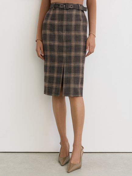 Reiss Sandor Pure Wool Check Midi Skirt, Brown, Brown