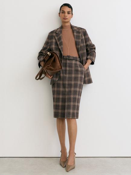 Reiss Sandor Pure Wool Check Midi Skirt, Brown - view 2, Brown