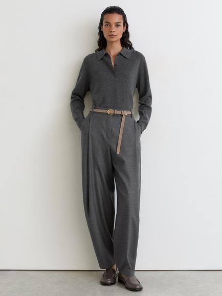 Reiss Brooke Merino Wool Long Sleeve Polo Jumper, Grey Marl, Grey Marl