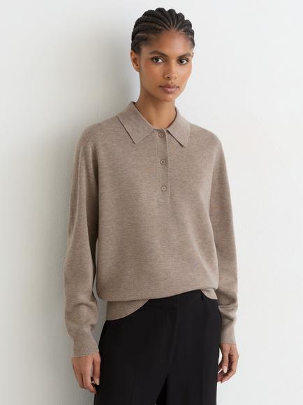 Reiss Brooke Merino Wool Long Sleeve Polo Jumper, Neutral, Neutral
