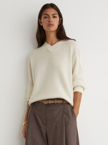 Reiss Petite Mari Wool Rich with Cashmere V-Neck Jumper, Ivory, Ivory