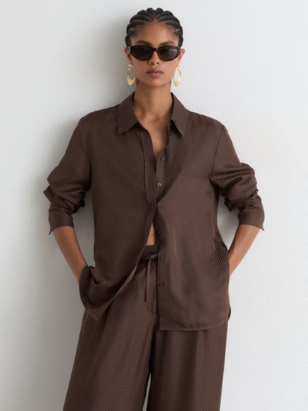 Reiss Aliana Pure Silk Jacquard Shirt, Mocha Brown, Mocha Brown
