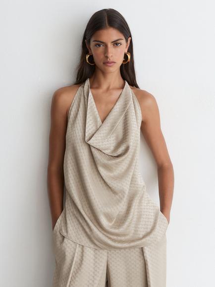 Reiss Dia Jacquard Draped Sleeveless Top, Champagne Neutral, Champagne Neutral