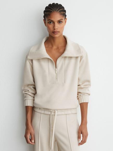 Reiss Layla Zip Neck Sweatshirt, Ivory, Ivory