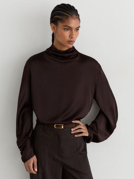 Reiss Meena Pure Silk High Neck Blouse, Grape Burgundy