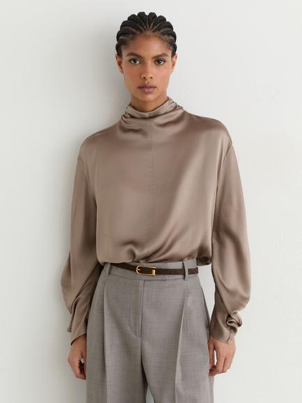 Reiss Meena Pure Silk High Neck Blouse, Neutral