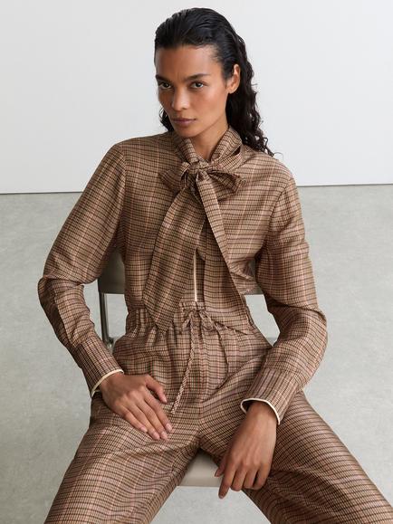 Reiss Minnie Tartan Tie Neck Blouse, Neutral, Neutral