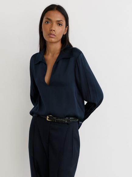 Reiss Orla Silk Blend Long Sleeve V-Neck Blouse, Navy, Navy