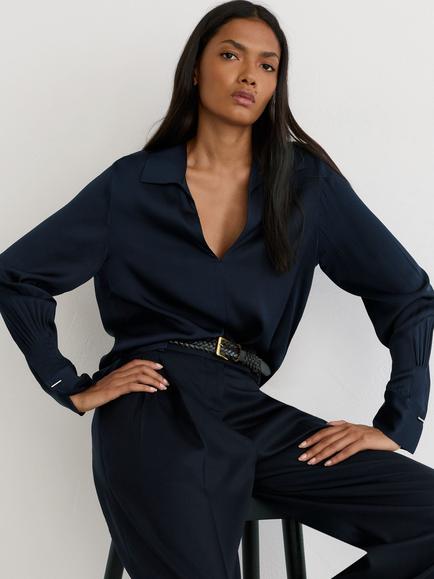 Reiss Orla Silk Blend Long Sleeve V-Neck Blouse, Navy - view 2, Navy