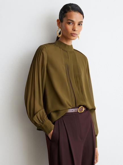 Reiss Ottilie Pintuck Detail Blouse, Khaki Green, Khaki Green