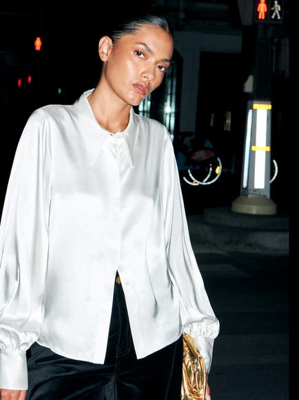 Ro&Zo Satin Statement Collar Shirt, White, White