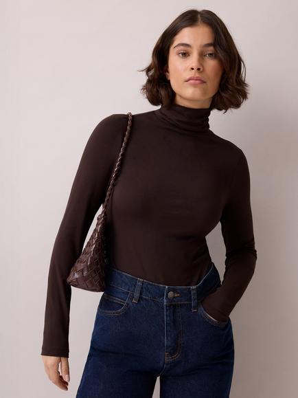 Ro&Zo Cotton Blend Roll Neck Top, Brown, Brown