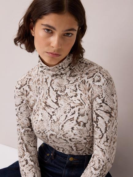 Ro&Zo Snake Print Roll Neck Top, Grey, Grey