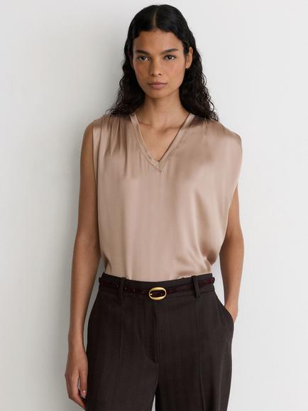 Reiss Renita Silk Rich Front Top, Taupe Neutral, Taupe Neutral