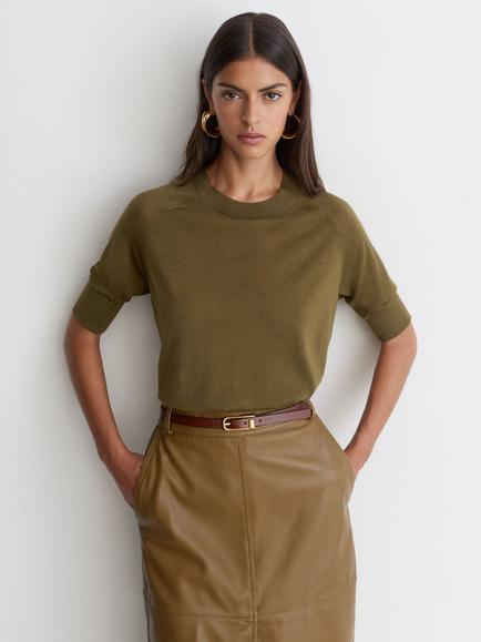 Reiss Suzzie Merino Wool T-Shirt, Khaki Green