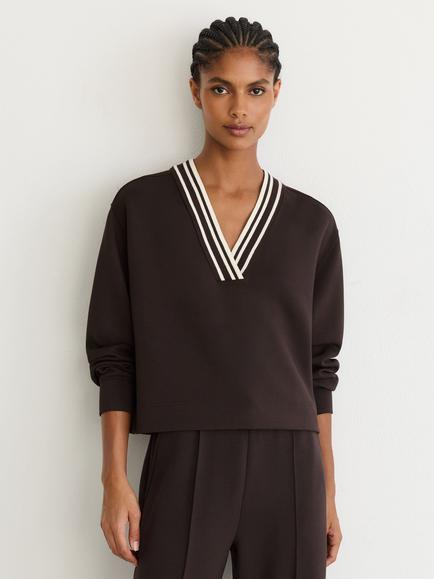 Reiss Verity Tipped V-Neck Cropped Sweatshirt, Chocolate Brown, Chocolate Brown