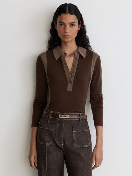 Reiss Wendy Colourblock Long Sleeve Polo Top, Chocolate/Mocha, Chocolate/Mocha