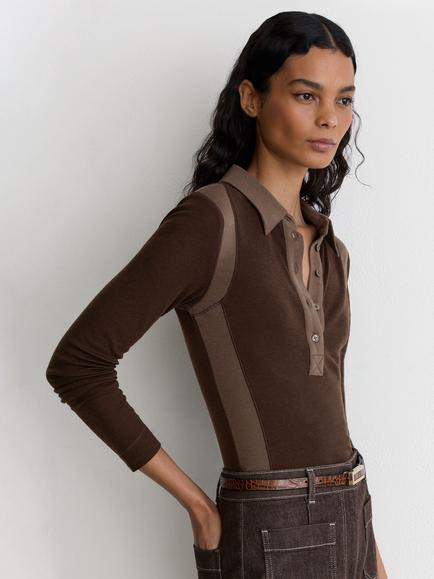 Reiss Wendy Colourblock Long Sleeve Polo Top, Chocolate/Mocha - view 2, Chocolate/Mocha