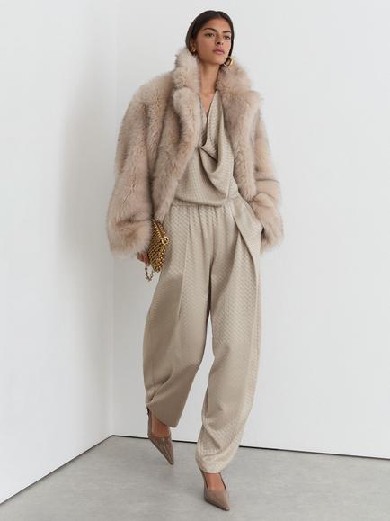 Reiss Geometric Tapered Jacquard Barrel Leg Trousers, Champagne Neutral - view 2, Champagne Neutral