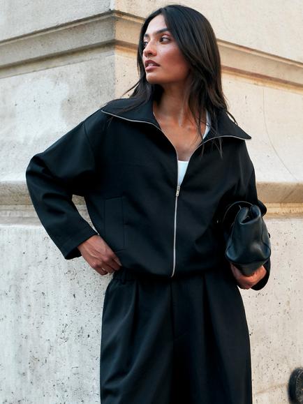 Ro&Zo Cotton Rich Ponte Funnel Neck Jacket, Black, Black