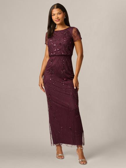 Adrianna Papell Beaded Blouson Maxi Dress, Night Plum, Night Plum