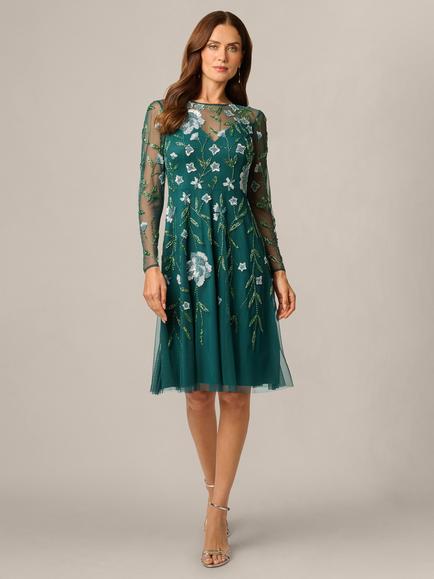 Adrianna Papell Floral Beaded Mesh Midi Dress, Gem Green, Gem Green